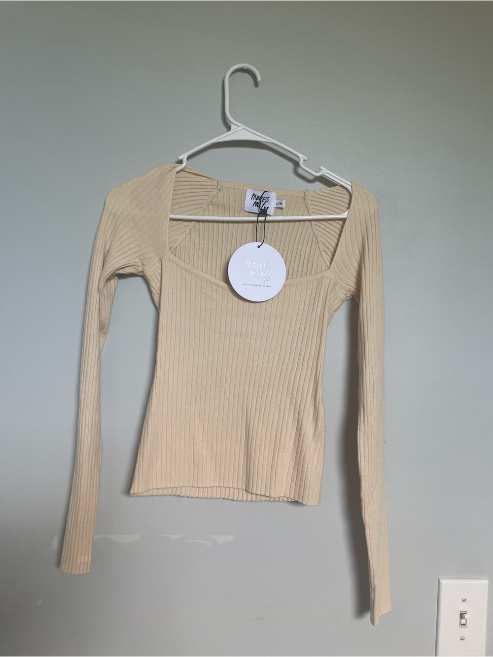 Princess Polly Ribbed Long Sleeve Square Neck Top in Beige